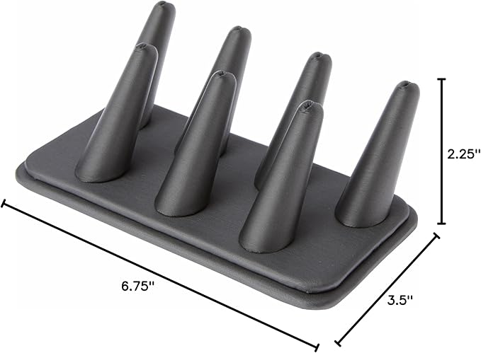 Plymor Gray Faux Leather Ring Finger Display, Seven on Rectangular Base, 6.75" W x 3.5" D x 2.25" H (Pack of 12)