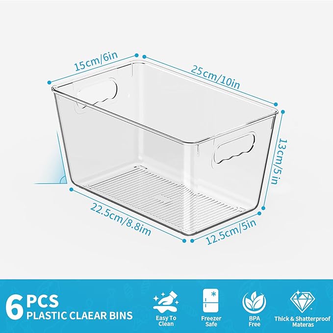 Clear Pantry Organizer Bins, Storage Containers & Plastic Containers with Handle, Cabinet Organizer, Home Organization Must Haves for Kitchen, Laundry Room, Office, Closet & Freezer (6 Pack)
