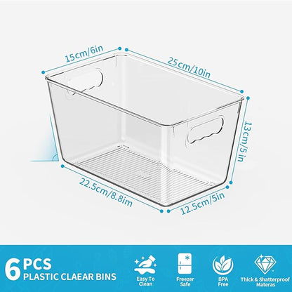 Clear Pantry Organizer Bins, Storage Containers & Plastic Containers with Handle, Cabinet Organizer, Home Organization Must Haves for Kitchen, Laundry Room, Office, Closet & Freezer (6 Pack)