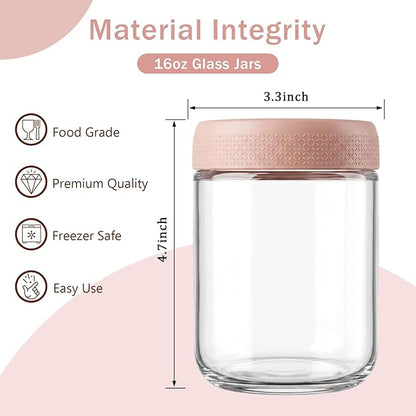 OcePor 6 Pack Overnight Oats Containers with Lids, 16 OZ Glass Mason Overnight Oats Jars, Large Capacity Airtight Jars for Milk, Cereal, Fruit(Pink)