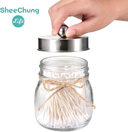 SheeChung Small Mason Jar, Glass Qtip Holder, Apothecary Jars with Lids, Bathroom Organizers and Storage, Bathroom Canister for Q-tips, Floss, Balls, Cotton Swabs, Farmhouse Decor-Brushed Nickel