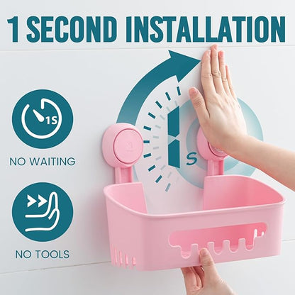 TAILI Shower Caddy Suction Cup 2 Pack, Heavy Duty Bathroom Organizer, Removable Shelves for Inside Shower, Shampoo, Waterproof Suction Plastic Storage for Bathroom Accessories Holder, Pink