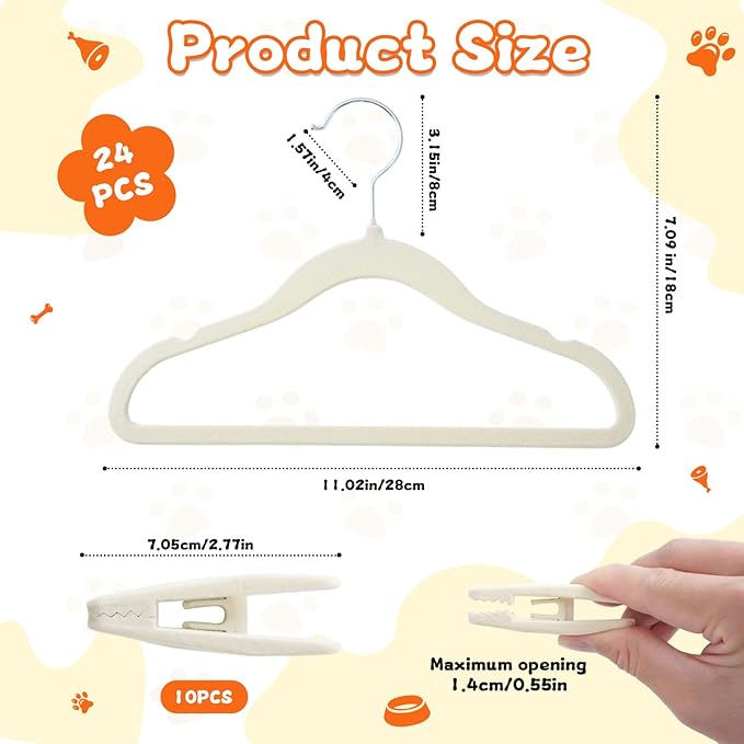 24 Pcs 360° Swivel Dog Clothes Hangers with 10 Non-Slip Clips, Flocked Fabric Non-Slip Plastic Dog Hangers for Clothes