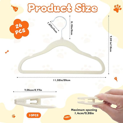 24 Pcs 360° Swivel Dog Clothes Hangers with 10 Non-Slip Clips, Flocked Fabric Non-Slip Plastic Dog Hangers for Clothes