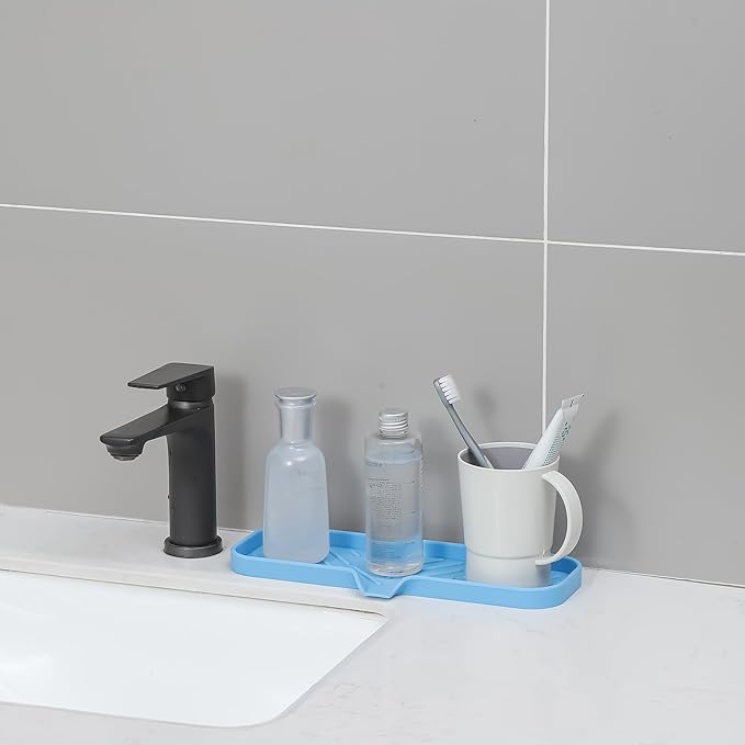 MicoYang Silicone Bathroom Soap Dishes with Drain Spout-Bathroom and Kitchen Sink Organizer,Sponge Holder,Dish Soap Tray,Perfect for Dispenser,Scrubber,Bottle on Sink or Counter-Light Blue 12"×4"