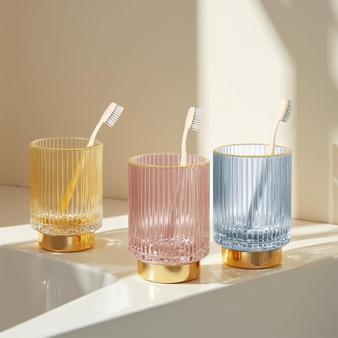 Makeup Brush holder Organizer, Crystal Glass Toothbrush Holders, Striped Make Up Brush Holder for Vanity, Pen Holder for Desk, Vase -Blue (S+L)