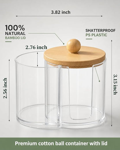 2-in-1 Cotton Round Holder & Cotton Swab Holder with Bamboo Lid - Clear Plastic Cotton Pad Dispenser, Shatterproof Dual Compartment Bathroom Container for Cotton Balls & Vanity Storage