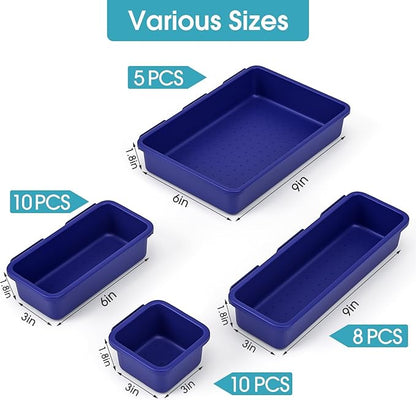 33 PCS Drawer Organizer Set, 4 Size Makeup Drawer Divider Organizer With Non-Slip Pads, Interlocking Plastic Storage Bins for Office,Jewelry Vanity,Gadgets, Bathroom,Kitchen, Navy
