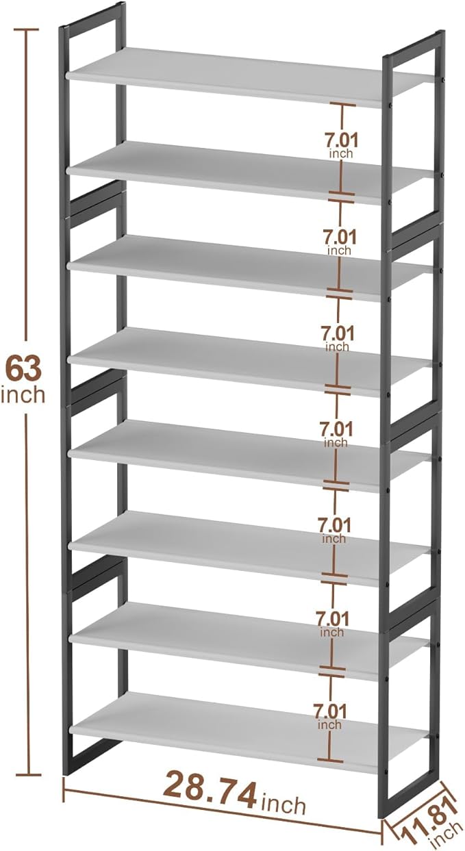 Shoe Rack for Closet & Entryway, Stackable Shoe Organizer, Screw-Fastened Metal Frame for Less Wobble, Heel-Friendly Non-Woven Shelves, 11.8" Deep Space-Saving Shoe Storage (Black, 8Tier)