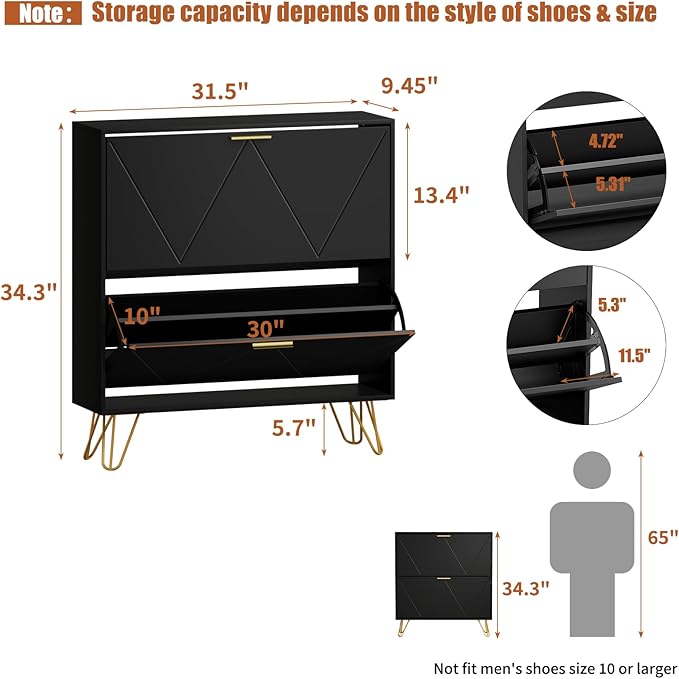 JOZZBY Shoe Cabinet for Entryway, Black Narrow Shoe Storage Cabinet with 2 Flip Drawers, Wooden Hidden Freestanding Shoe Rack Organizer for Hallway, Living Room