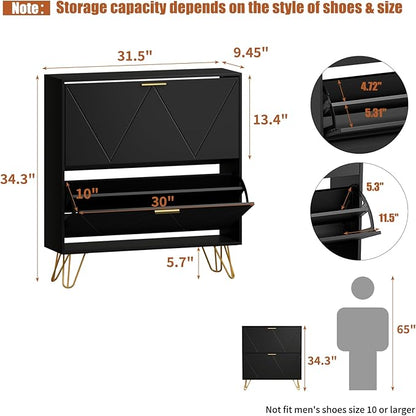 JOZZBY Shoe Cabinet for Entryway, Black Narrow Shoe Storage Cabinet with 2 Flip Drawers, Wooden Hidden Freestanding Shoe Rack Organizer for Hallway, Living Room