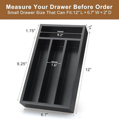 Small Cutlery Tray Narrow Wooden Silverware Organizer 12"x6.7" Spoon Kitchen Utensil Holder for Drawer Divider Bamboo Cutlery Drawer Organizers Storage Black Wood Silverware Tray Flatware Organizer