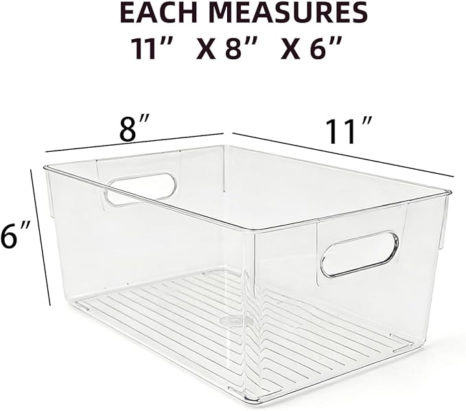 6 Pack Thick Clear Stackable Storage Bins, Cabinet Organizer, Plastiic Containers with Handle for Kitchens, Bathrooms and Fridge and Desktop