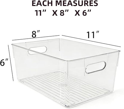 6 Pack Thick Clear Stackable Storage Bins, Cabinet Organizer, Plastiic Containers with Handle for Kitchens, Bathrooms and Fridge and Desktop