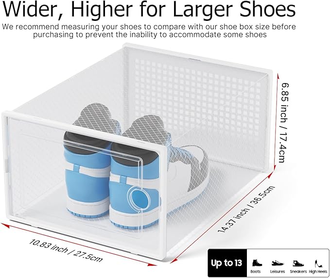 Kuject XX-Large Shoe Storage Boxes Organizers Clear Plastic Stackable 12 Pack, Shoe Rack & Holder Substitute, Sneaker Containers, Shoe Storage Organizer Bins for Closet, Under Bed,White(No Fold Line)