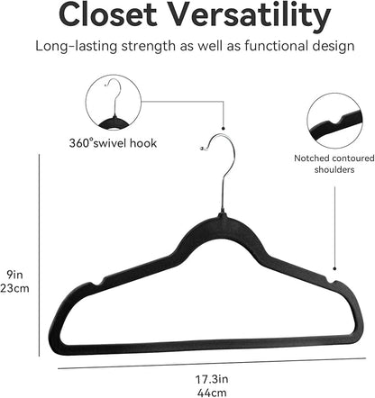 Premium Velvet Hangers 50 Pack, Non-Slip Suit Clothes Hangers, 360 Degree Swivel Hooks and Slim Profile to Maximize Closet Space Black/Silver