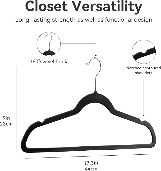 Premium Velvet Hangers 30 Pack, Non-Slip Suit Clothes Hangers, 360 Degree Swivel Hooks and Slim Profile to Maximize Closet Space Black/Silver