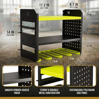 BUILTSTRONG Power Tool Organizer Wall Mount – 3-Tier Heavy-Duty Steel Rack, 4 Drill Slots, Pegboard + Utility Side, 100 lb Capacity – Garage, Workshop & Shed Storage (Green)