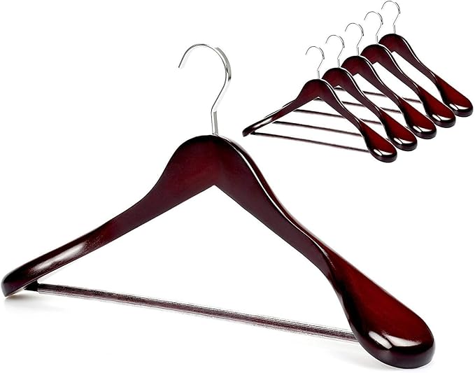 TOPIA HANGER Set of 6 Luxury Mahogany Wooden Coat Hangers, Premium Wood Suit Hangers, Glossy Finish with Extra-Wide Shoulder, Thicker Chrome Hooks & Anti-Slip Bar CT02M
