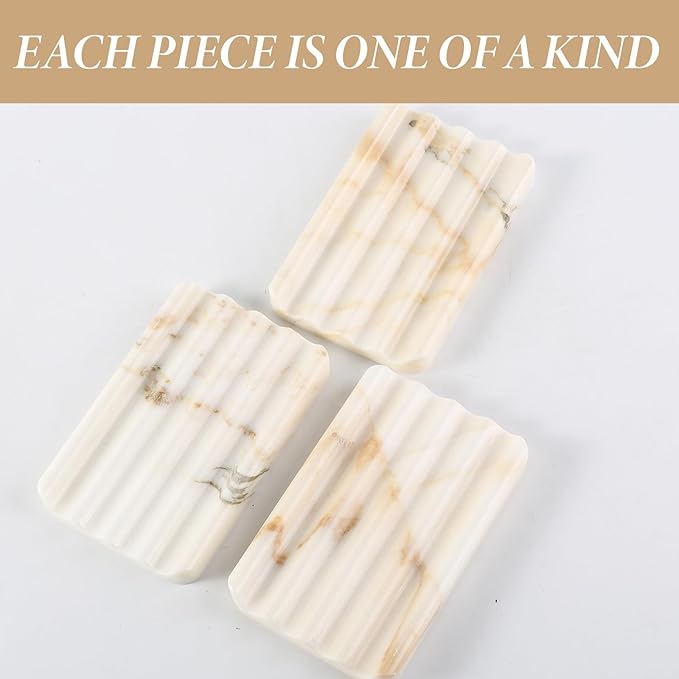 Koville Natural Marble Soap Dish for Bathroom Shower, White Gold Marble Soap Tray for Bathroom, Stone Soap Tray for Sink, Stripe Grooves Soap Saver Keep Soap Bars Dry Easy Clean