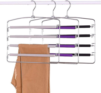 4 Floors Sponge Non-Slip Multi-Layer Pants Rack, Multi-Function Stainless Steel Pants Rack, Hangers, Cloth Rack, Space Saving, Wardrobe, Pants Vertical Hanger, Multi-Layer Hanger (Purple)