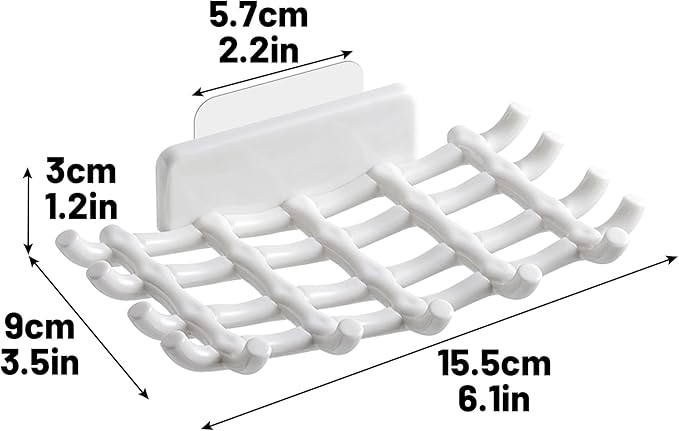Shower Soap Holder for Wall, Adhesive Bar Soap Dish with Self Draining Grid, Side Hooks and No Drilling Mount, White, 2 Pack