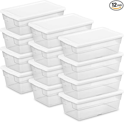 Sterilite 12-Pack 6 Quart Storage Boxes, Stackable Clear Plastic Bins with Snap-On Lids – Heavy-Duty Organizing Containers for Closet, Bathroom, and Office