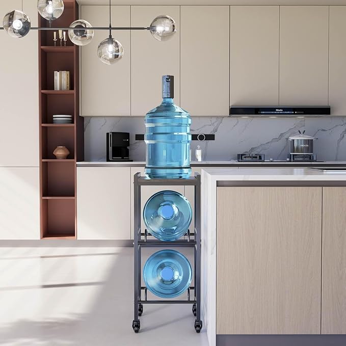 2 Tiers Water Rack Top Storage Shelf with 4 Wheels - Space Saving Dispenser Stand 5 Gallon Water Storage Rack Bottle Jug Holder Organizer/Lockable&Removable Casters/Kitchen Office Garage