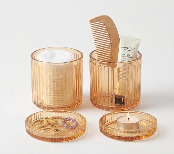 SheeChung Glass Qtip Holder Dispenser, 4-Pack Glass Apothecary Jars - Vintage Sunburst Bathroom Organizer Set - Cotton Swab Ball Pad Storage - Bathroom Accessories Decor（Amber）