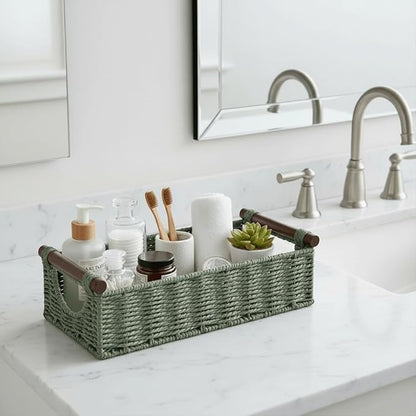 CubesLand Wicker Toilet Storage Basket Tray Organizer W/Cut Out Handle, Slim Decorative Basket for Countertop, Shelves And for Versatile Home Decor, Living Room, Nursery Organization, Green