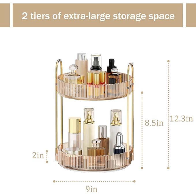 MOKANI 360 Rotating Makeup Organizer for Vanity, 2 Tier Adjustable Perfume Organizer for Dresser, Multi-Function Spinning Cosmetics Skincare Storage for Bedroom, Dresser, Countertop, Amber