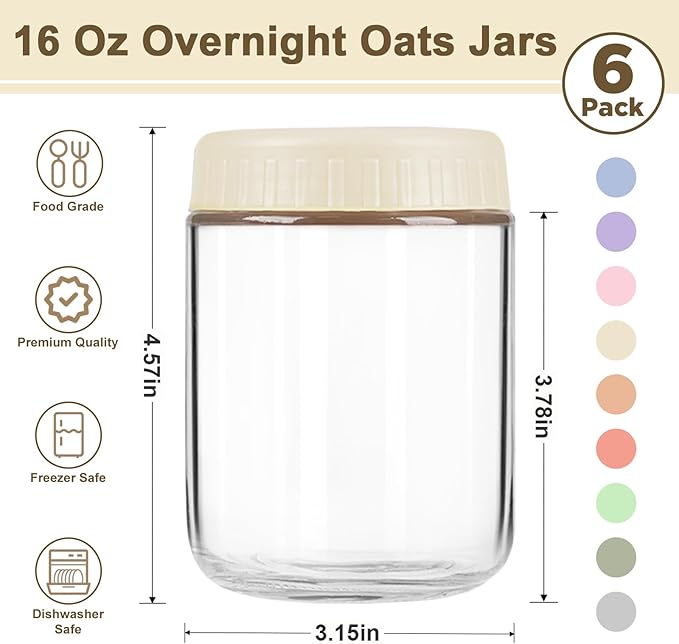 Overnight Oats Containers with Lids, 16oz Wide Mouth Mason Jars with Lids, 6 Pack Glass Jars with Airtight lid for Chia Pudding Yogurt Salad, Meal Prer Oatmeal Jars, Yellow