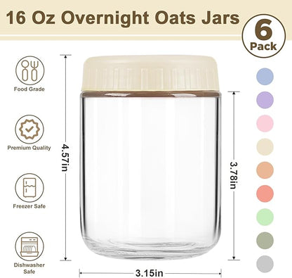 Overnight Oats Containers with Lids, 16oz Wide Mouth Mason Jars with Lids, 6 Pack Glass Jars with Airtight lid for Chia Pudding Yogurt Salad, Meal Prer Oatmeal Jars, Yellow