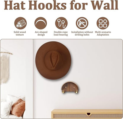 Cowboy Hat Rack for Wall（2-Pack）, Walnut Wood Cowboy Hat Holder & Hat Hooks for Wall, Non-Damaging Shape-Preserving Design for Wide Brim Hats, Compatible with Various Wall Surfaces