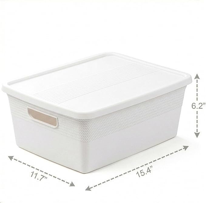 BINO | Plastic Storage Bins with Lids, 13 Liter - 3 Pack, White | THE BRAIDED COLLECTION | Plastic Bins for Organization Woven Storage Baskets for Organizing Pantry Shelf Organizer Basket Bin