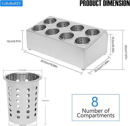 Commercial 8-Hole Stainless Steel Cylinder Flatware Silverware Utensil Holder Organizer Restaurant Silverware Organizer Countertop Cylinder Holder For Restaurants, Catering