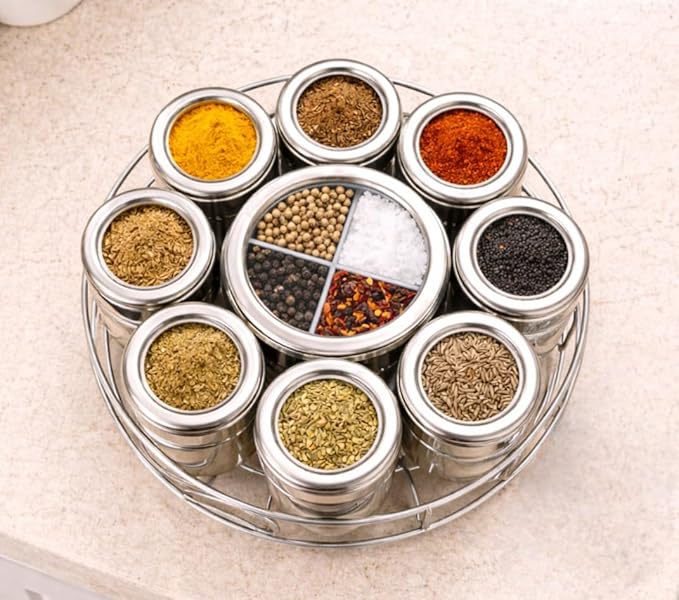 12 in 1 Stainless Steel Masala Box with Stand | Kitchen Masala Dabba | Steel Spice Box with 8 Containers & 4-Section Center | 22 cm Diameter