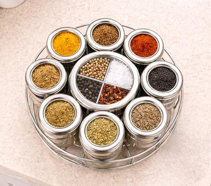 12 in 1 Stainless Steel Masala Box with Stand | Kitchen Masala Dabba | Steel Spice Box with 8 Containers & 4-Section Center | 22 cm Diameter