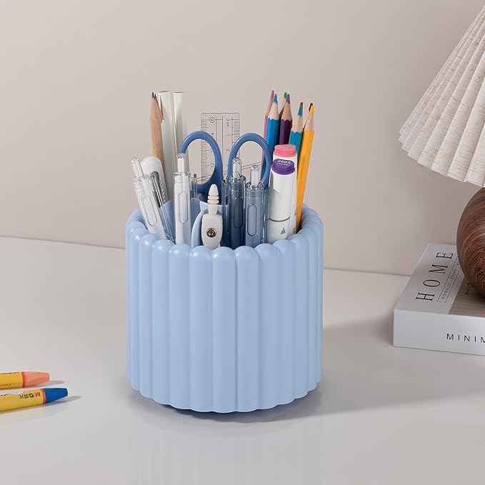Anyoifax 360 Rotating Makeup Brush Holder 7 Slots Make Up Brush Organizer Removable Spinning Cosmetic Brushes Storage Pen Holder for Vanity, Dresser, Desk, Blue