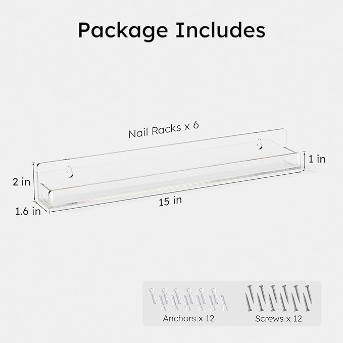 FEMELI Nail Polish Wall Rack: 6 Shelves 15 Inch Clear Acrylic Nail Polish Organizer for 66-90 Bottles Multi-Purpose Acrylic Floating Shelves (15 Inch, Clear) | 66-90 Bottles, Multi-Purpose