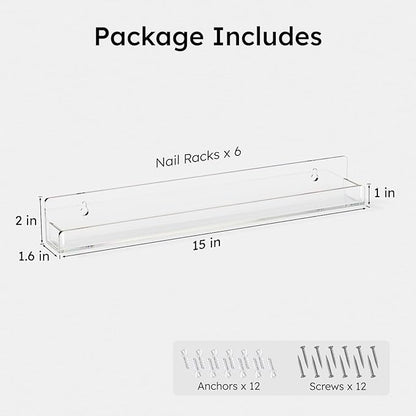FEMELI Nail Polish Wall Rack: 6 Shelves 15 Inch Clear Acrylic Nail Polish Organizer for 66-90 Bottles Multi-Purpose Acrylic Floating Shelves (15 Inch, Clear) | 66-90 Bottles, Multi-Purpose