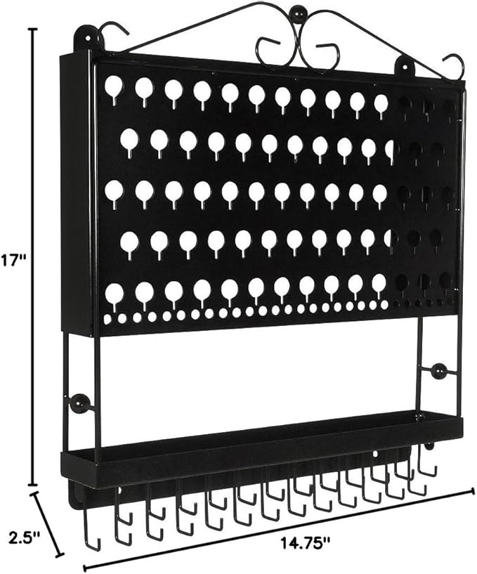 JR20-FB Flat Black Wall Mounted Organizer Necklace Holder Earring & Jewelry Display Rack with Tray