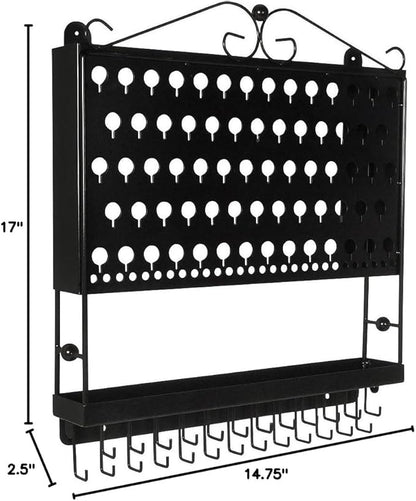 JR20-FB Flat Black Wall Mounted Organizer Necklace Holder Earring & Jewelry Display Rack with Tray