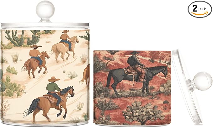2 Pack Qtip Dispenser Apothecary Jars with Lids Cotton Round Holder Bathroom Canisters for Cotton Swab Floss Ball Pads Clear Plastic Decorative Cowboys Horses Cactus Desert