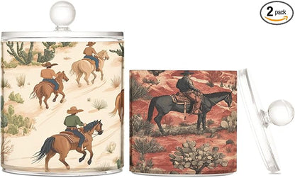 2 Pack Qtip Dispenser Apothecary Jars with Lids Cotton Round Holder Bathroom Canisters for Cotton Swab Floss Ball Pads Clear Plastic Decorative Cowboys Horses Cactus Desert