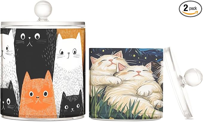 2 Pack Qtip Dispenser Apothecary Jars with Lids Cotton Round Holder Bathroom Canisters for Cotton Swab Floss Ball Pads Clear Plastic Decorative Cat and Starry Night Ragdoll