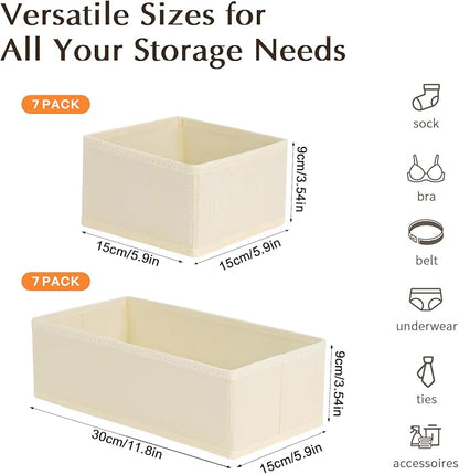 DIMJ Drawer Organizers Clothes, Set of 14 Dresser Organizer Bins, Fabric Closet Organizers and Storage, Shallow Drawer Dividers for Nursery, Clothing, Baby Clothes, Socks, Underwears, Tie (Beige)