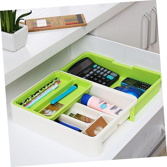 Telescopic Cutlery Storage Tray Kitchen Organizer Multi-divided Design for Versatile Storage Container for White Green