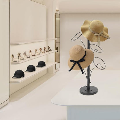 Modern Art Desktop Standing Hat Stand, 6 Hooks Short Hat Rack Stand for Retail, Cowboy Baseball Cap Metal Multiple Holder Hat Storage Rack, 21.6in Height