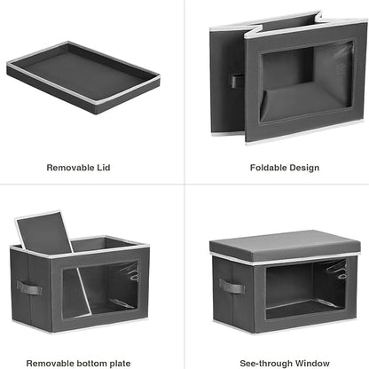 Homsorout Stackable Storage Bins with Lids - Medium Storage Box with Lids, Foldable Closet Boxes for Organizing, Wardrobe Clothes Organizer with Window, Cubes Bins for Living Room, 4 Pack, Dark Grey